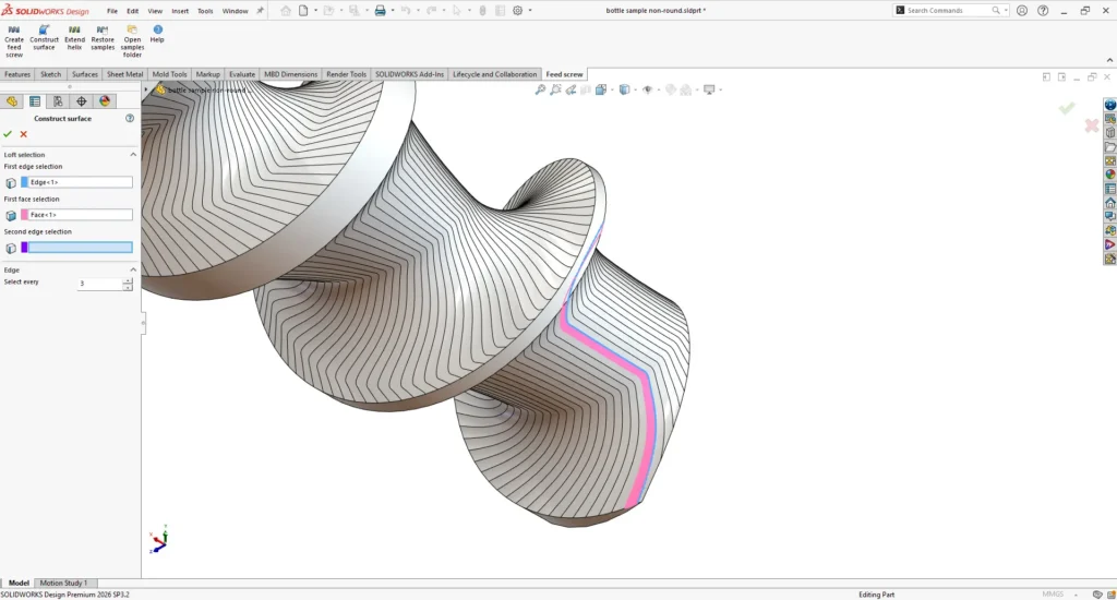 Close-up of feed screw cut surfaces in SOLIDWORKS with the Construct Surface panel selecting loft edges.