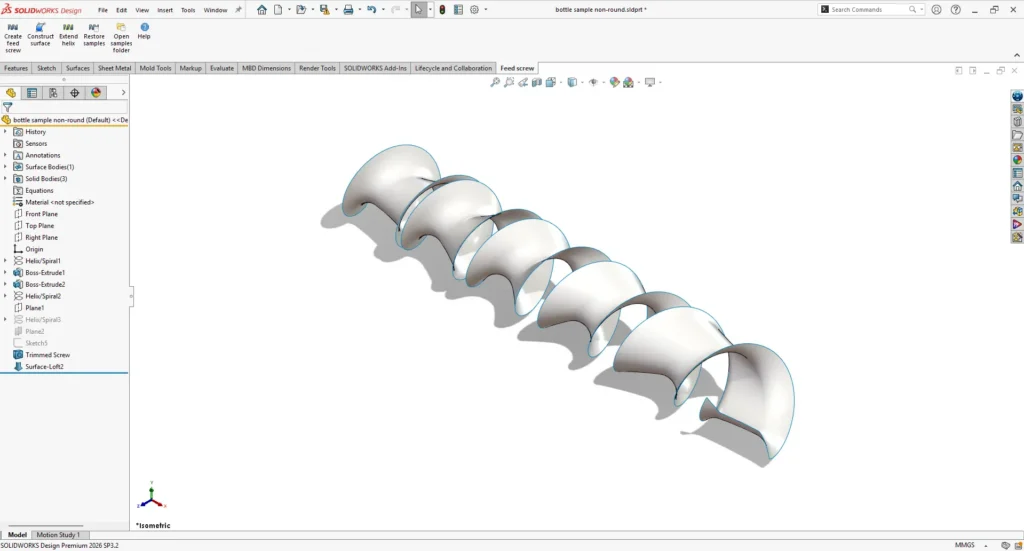 Completed smooth feed screw flight surface generated in SOLIDWORKS.