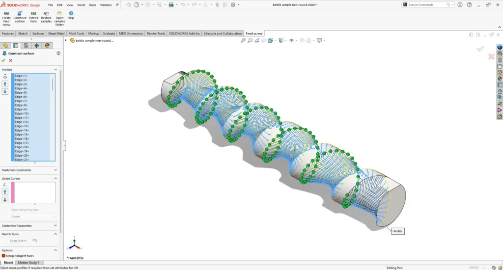 SOLIDWORKS feed screw shaft with loft profile edges highlighted along its length.