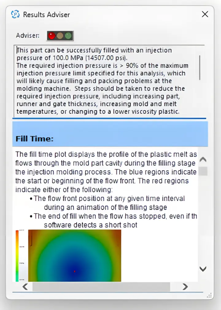 Figure 2 A preview of the Results Adviser from a completed study. While the cavity will be filled successfully