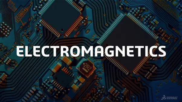 Close-up of a printed circuit board with microchips and electronic components, titled Electromagnetics.