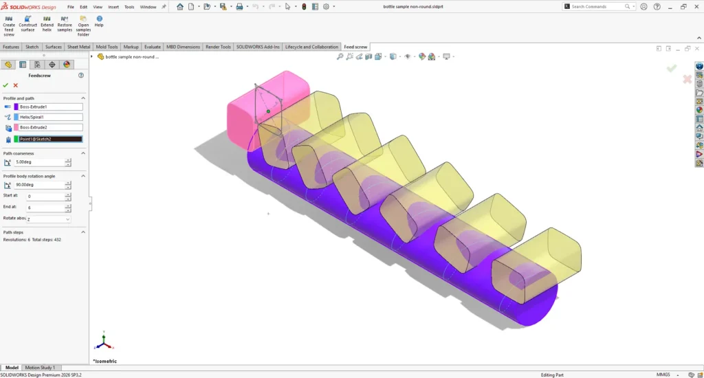 SOLIDWORKS Feed Screw add-in PropertyManager showing four input selections and a preview of a non-round bottle body repeating along a shaft.